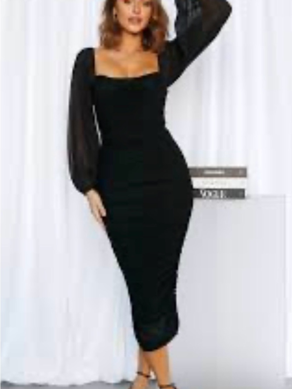 Hello Molly Brooklyn Rusched MIDI Dress Bodycon sheer sleeve black 6